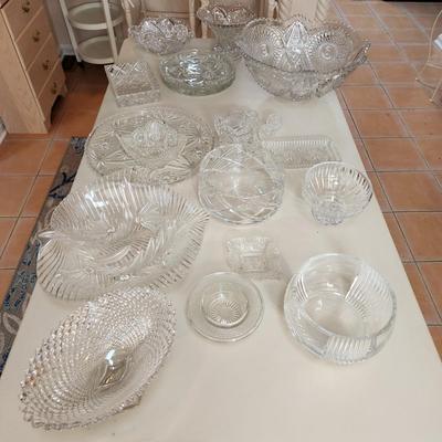 Table lot of Clear Glass Crystal Bowls Candle Holders ,Glasses, Waterford , Reed & Barton Drinking Glasses ,Queen Mary 2 , and others