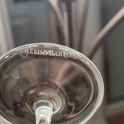 Table lot of Clear Glass Crystal Bowls Candle Holders ,Glasses, Waterford , Reed & Barton Drinking Glasses ,Queen Mary 2 , and others