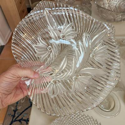 Table lot of Clear Glass Crystal Bowls Candle Holders ,Glasses, Waterford , Reed & Barton Drinking Glasses ,Queen Mary 2 , and others