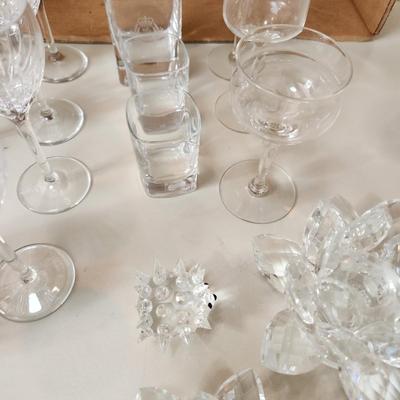 Table lot of Clear Glass Crystal Bowls Candle Holders ,Glasses, Waterford , Reed & Barton Drinking Glasses ,Queen Mary 2 , and others