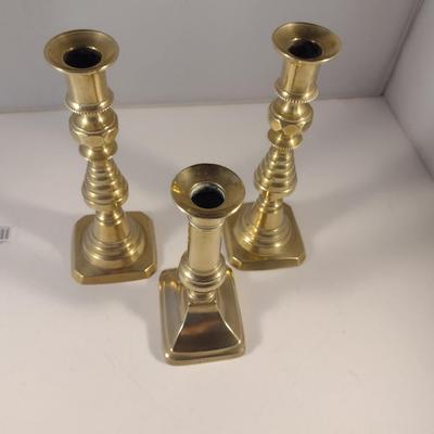 Sale Photo Thumbnail #351: Brass Candle Stick Holders.  Matching pair with beehive design is stamped 'England'.