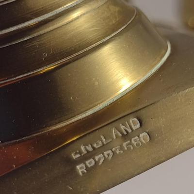 Sale Photo Thumbnail #352: Brass Candle Stick Holders.  Matching pair with beehive design is stamped 'England'.