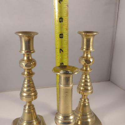 Sale Photo Thumbnail #353: Brass Candle Stick Holders.  Matching pair with beehive design is stamped 'England'.