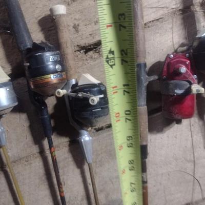 Set of Seven Fishing Poles with Closed Face Reels Zebco and Other