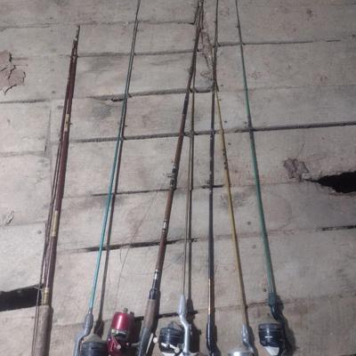 Set of Seven Fishing Poles with Closed Face Reels Zebco and Other