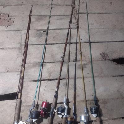 Set of Seven Fishing Poles with Closed Face Reels Zebco and Other