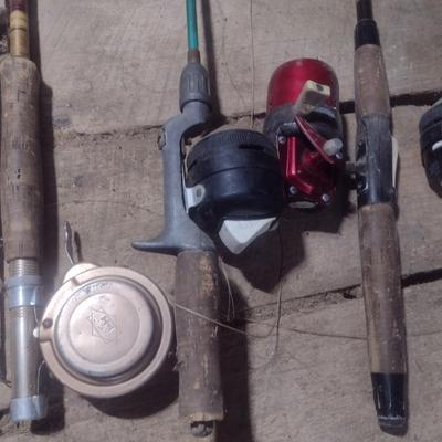 Set of Seven Fishing Poles with Closed Face Reels Zebco and Other