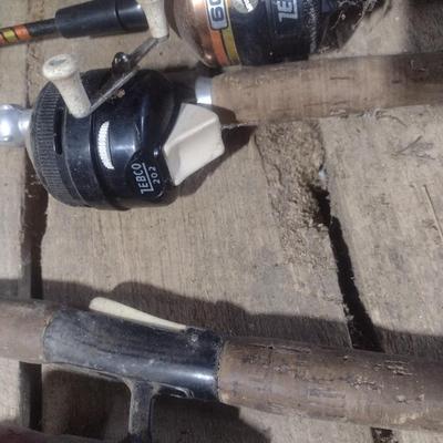 Set of Seven Fishing Poles with Closed Face Reels Zebco and Other
