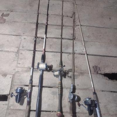 Set of Five Fishing Poles with Open Face and Bait Cast Reels