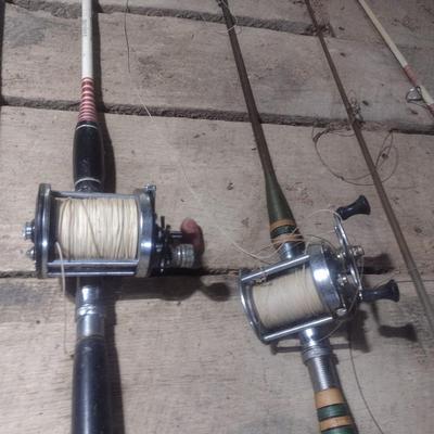 Set of Five Fishing Poles with Open Face and Bait Cast Reels