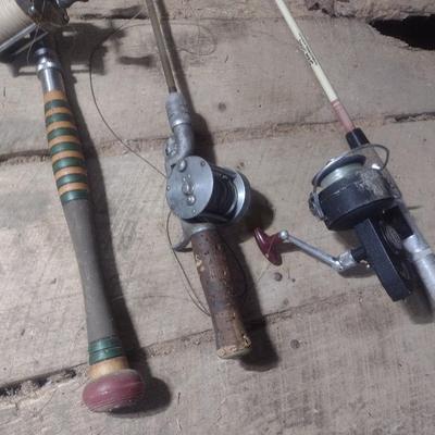 Set of Five Fishing Poles with Open Face and Bait Cast Reels
