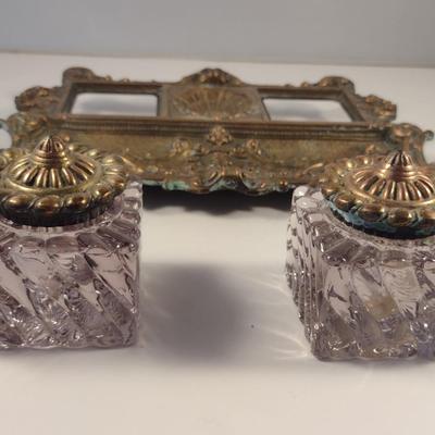 Sale Photo Thumbnail #407: Regency Period Gilt Double Ink Well.  One ink pot has been sealed because of chipping.