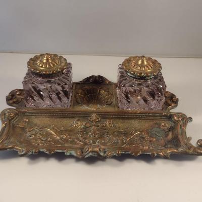 Sale Photo Thumbnail #405: Regency Period Gilt Double Ink Well.  One ink pot has been sealed because of chipping.