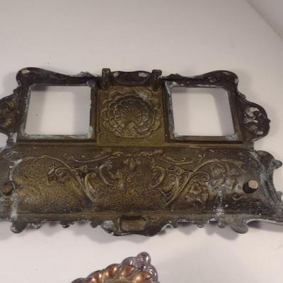 Sale Photo Thumbnail #409: Regency Period Gilt Double Ink Well.  One ink pot has been sealed because of chipping.