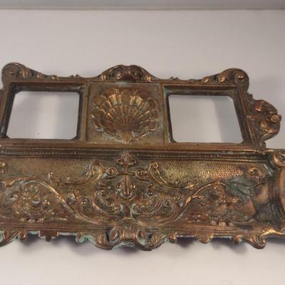 Sale Photo Thumbnail #408: Regency Period Gilt Double Ink Well.  One ink pot has been sealed because of chipping.