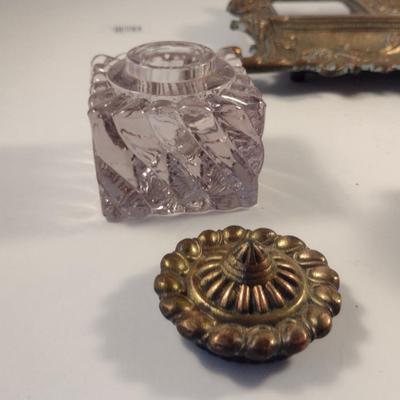 Sale Photo Thumbnail #413: Regency Period Gilt Double Ink Well.  One ink pot has been sealed because of chipping.