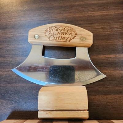 Alaska Ulu Knife w Holder and Cutting Bowl ,Wood Cutting Board ,