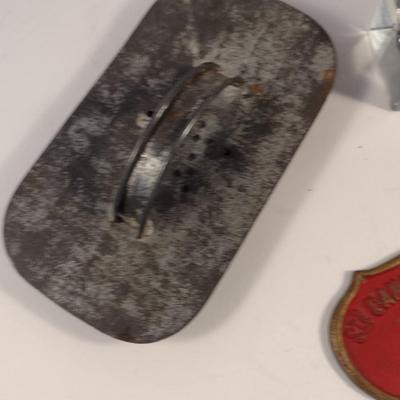 Sale Photo Thumbnail #439: Group of Collectibles- Pocket Cutlery, Cookie Cutter, Ink Pot, and French Dog Show 1st Place Award Plaque.  Cutlery is Imperial and has wear- please see all pictures.