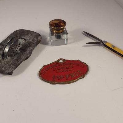Sale Photo Thumbnail #438: Group of Collectibles- Pocket Cutlery, Cookie Cutter, Ink Pot, and French Dog Show 1st Place Award Plaque.  Cutlery is Imperial and has wear- please see all pictures.
