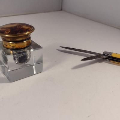 Sale Photo Thumbnail #444: Group of Collectibles- Pocket Cutlery, Cookie Cutter, Ink Pot, and French Dog Show 1st Place Award Plaque.  Cutlery is Imperial and has wear- please see all pictures.