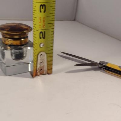 Sale Photo Thumbnail #445: Group of Collectibles- Pocket Cutlery, Cookie Cutter, Ink Pot, and French Dog Show 1st Place Award Plaque.  Cutlery is Imperial and has wear- please see all pictures.