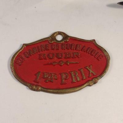 Sale Photo Thumbnail #442: Group of Collectibles- Pocket Cutlery, Cookie Cutter, Ink Pot, and French Dog Show 1st Place Award Plaque.  Cutlery is Imperial and has wear- please see all pictures.