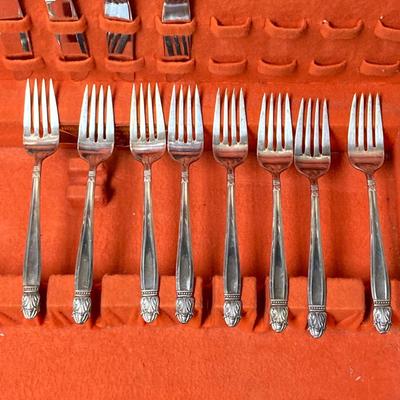 LOT 65: Homes & Edwards Inlaid and Wm Rogers Silver Plated Flatware Sets with Wood Storage Box