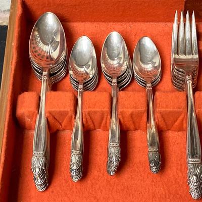 LOT 65: Homes & Edwards Inlaid and Wm Rogers Silver Plated Flatware Sets with Wood Storage Box