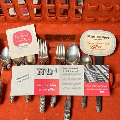 LOT 65: Homes & Edwards Inlaid and Wm Rogers Silver Plated Flatware Sets with Wood Storage Box