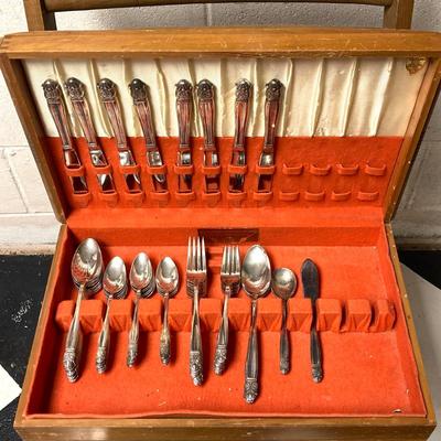 LOT 65: Homes & Edwards Inlaid and Wm Rogers Silver Plated Flatware Sets with Wood Storage Box