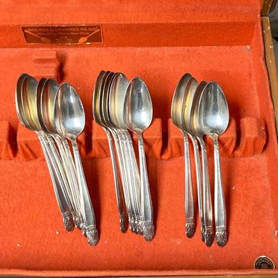 LOT 65: Homes & Edwards Inlaid and Wm Rogers Silver Plated Flatware Sets with Wood Storage Box