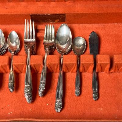 LOT 65: Homes & Edwards Inlaid and Wm Rogers Silver Plated Flatware Sets with Wood Storage Box