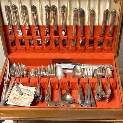 LOT 65: Homes & Edwards Inlaid and Wm Rogers Silver Plated Flatware Sets with Wood Storage Box