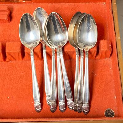 LOT 65: Homes & Edwards Inlaid and Wm Rogers Silver Plated Flatware Sets with Wood Storage Box