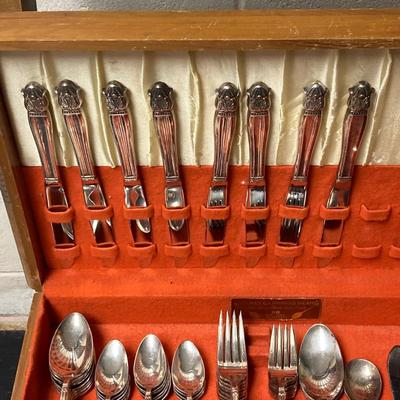 LOT 65: Homes & Edwards Inlaid and Wm Rogers Silver Plated Flatware Sets with Wood Storage Box