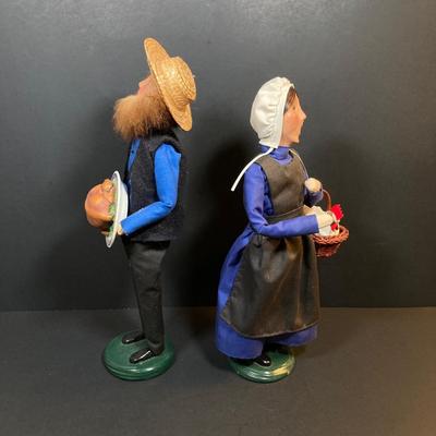 LOT 78: Byers' Choice Ltd. The Carolers Signed by Joyce Byers - Amish Man Holding Turkey, Amish Woman Holding Basket with Hen and Box