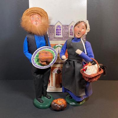 LOT 78: Byers' Choice Ltd. The Carolers Signed by Joyce Byers - Amish Man Holding Turkey, Amish Woman Holding Basket with Hen and Box
