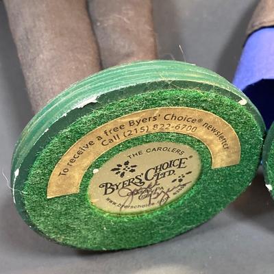 LOT 78: Byers' Choice Ltd. The Carolers Signed by Joyce Byers - Amish Man Holding Turkey, Amish Woman Holding Basket with Hen and Box