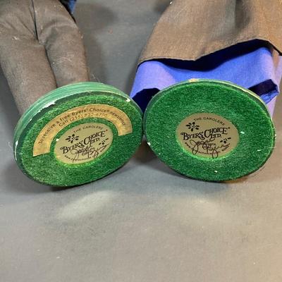 LOT 78: Byers' Choice Ltd. The Carolers Signed by Joyce Byers - Amish Man Holding Turkey, Amish Woman Holding Basket with Hen and Box