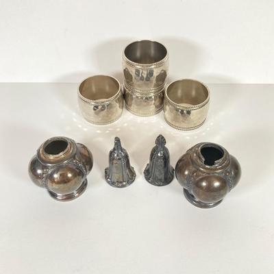 LOT 81: Vintage Serving Collection - Wilton Pewter Bowl, 800 Silver Tongs, Kopparsmedjan Copper Miniature Mugs, Silver Plated Salt and...