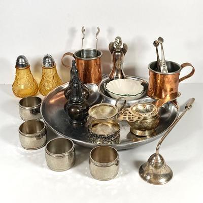 LOT 81: Vintage Serving Collection - Wilton Pewter Bowl, 800 Silver Tongs, Kopparsmedjan Copper Miniature Mugs, Silver Plated Salt and...