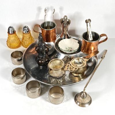 LOT 81: Vintage Serving Collection - Wilton Pewter Bowl, 800 Silver Tongs, Kopparsmedjan Copper Miniature Mugs, Silver Plated Salt and...
