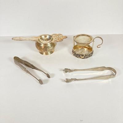 LOT 81: Vintage Serving Collection - Wilton Pewter Bowl, 800 Silver Tongs, Kopparsmedjan Copper Miniature Mugs, Silver Plated Salt and...