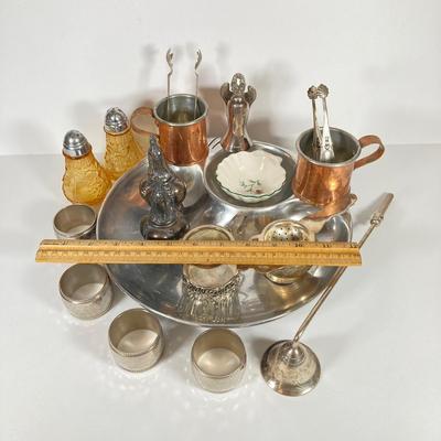 LOT 81: Vintage Serving Collection - Wilton Pewter Bowl, 800 Silver Tongs, Kopparsmedjan Copper Miniature Mugs, Silver Plated Salt and...