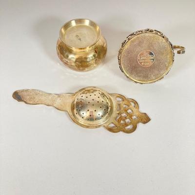 LOT 81: Vintage Serving Collection - Wilton Pewter Bowl, 800 Silver Tongs, Kopparsmedjan Copper Miniature Mugs, Silver Plated Salt and...