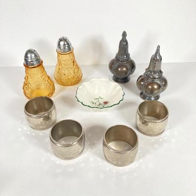 LOT 81: Vintage Serving Collection - Wilton Pewter Bowl, 800 Silver Tongs, Kopparsmedjan Copper Miniature Mugs, Silver Plated Salt and...