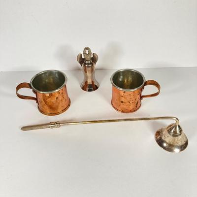 LOT 81: Vintage Serving Collection - Wilton Pewter Bowl, 800 Silver Tongs, Kopparsmedjan Copper Miniature Mugs, Silver Plated Salt and...