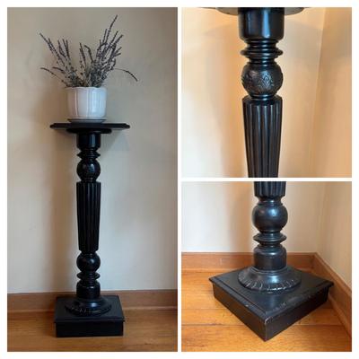 LOT 86: Wooden Painted Balck Plant Stand w/Faux Potted Lavender