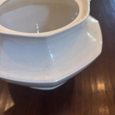 LOT 89: Johnson Brothers Heritage White China Serving Collection: Covered Serving Bowls, Gravy Boat w/Plate, Platters & Soup Tureen