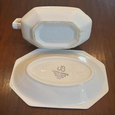 LOT 89: Johnson Brothers Heritage White China Serving Collection: Covered Serving Bowls, Gravy Boat w/Plate, Platters & Soup Tureen